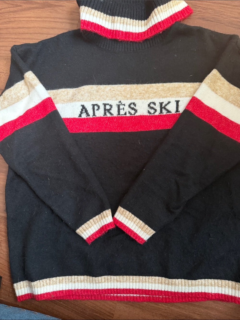 Women's Black Cowl Sweater with Red & Cream Stripes